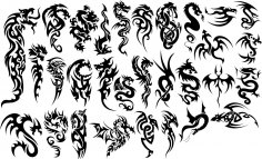Chinese Dragons Tribal Tattoo Vectors Set Free Vector