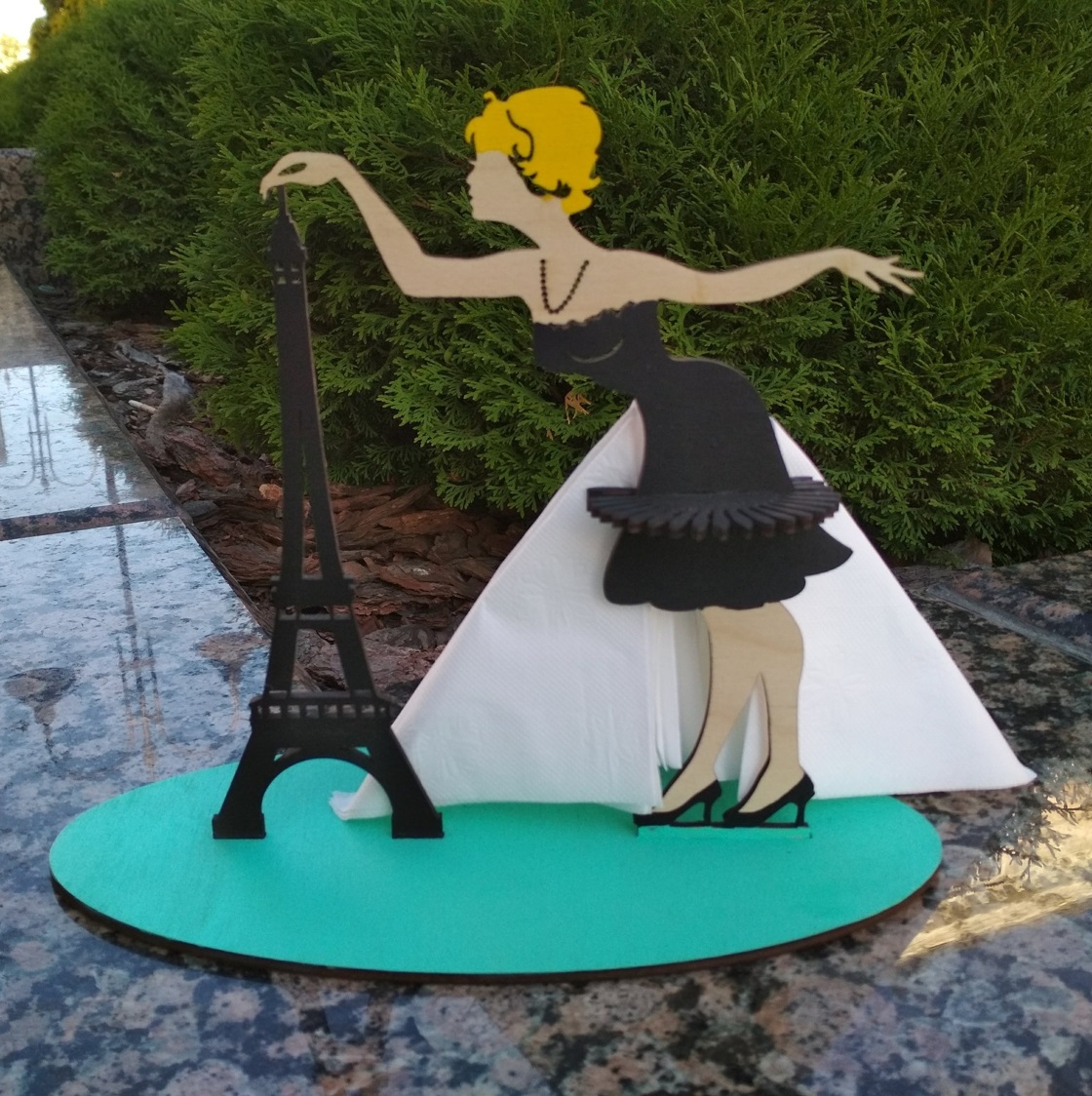 Laser Cut Girl With Eiffel Tower Napkin Holder Free Vector