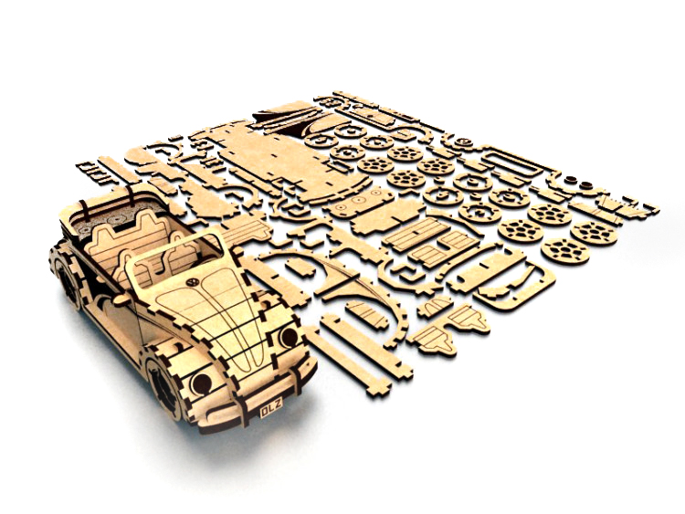 Laser Cut Volkswagen Fusca Beetle Convertible 3D Puzzle DXF File