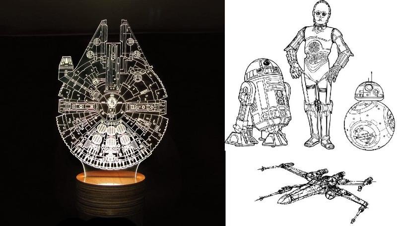 Laser Cut Stand and 3D Acrylic Light Star Wars, Millennium, Droid Free Vector Download - 3axis.co - 3D model önizlemesi