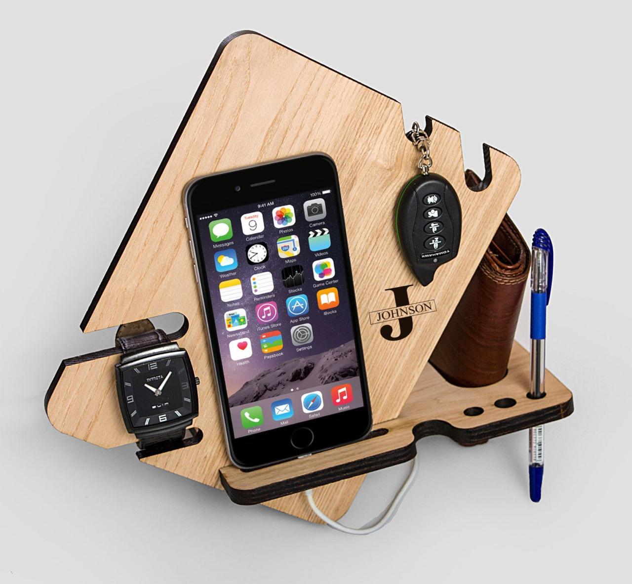 Mens Gifts for Christmas Bedside Organiser for Him Wood Phone