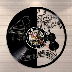 Piano and Violin Vinyl Wall Clock Laser Cut Template Free Vector
