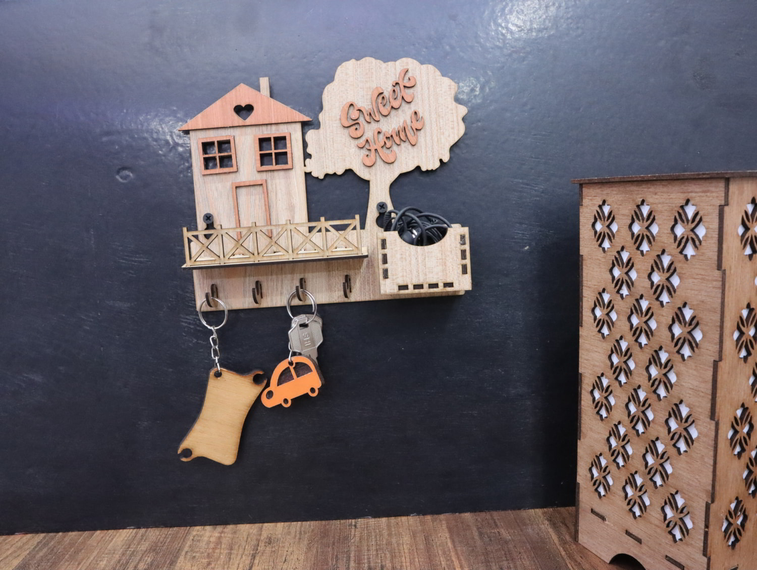 Laser Cut Key Holder for Wall with Shelf Free Vector