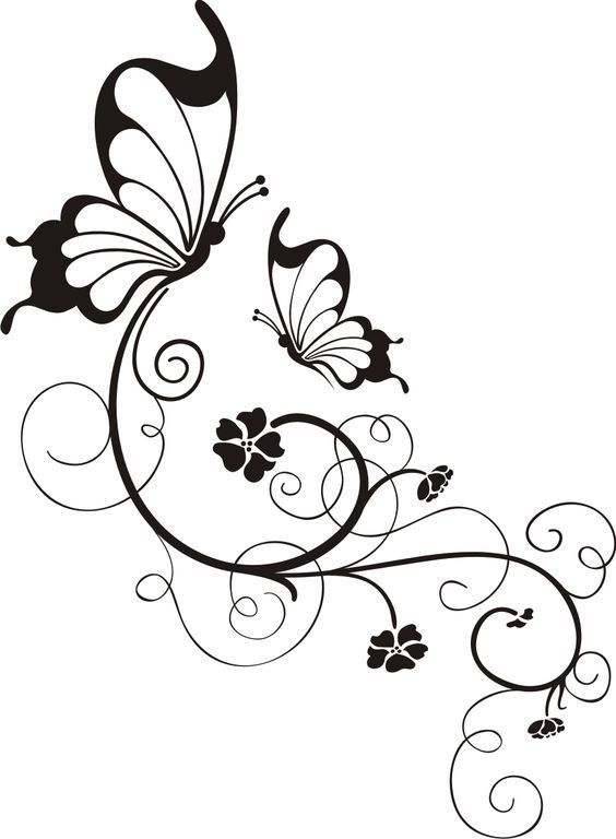 Swirly Butterfly And Flower in Black And White dxf File Free Download