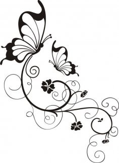 Swirly Butterfly And Flower in Black And White dxf File