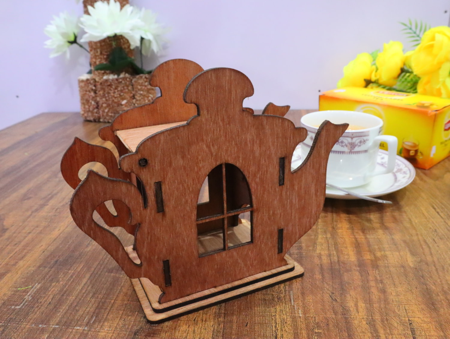 Laser Cut Wooden Teapot Shape Tea House 3mm Free Vector