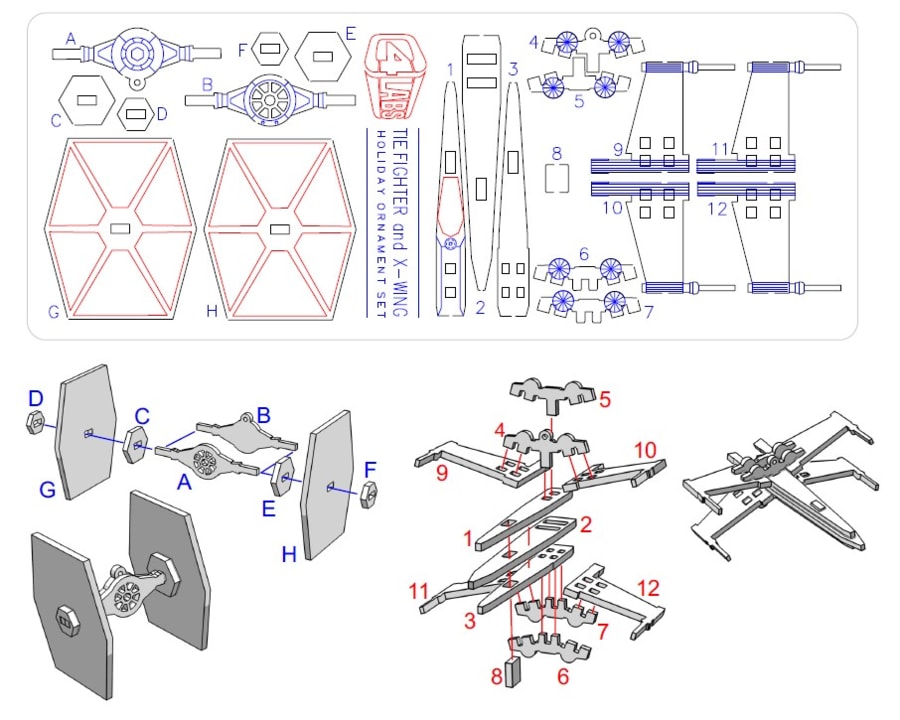 Laser Cut Tie Fighter X-Wing Holiday Ornaments Free Vector