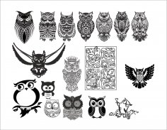 Large set of black and white owl vectors Free Vector