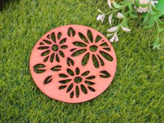 Laser Cut Round Floral Wooden Tea Coaster Free Vector