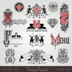 Set Vintage Heraldic Labels And Capital Letter With Pattern And Animals Free Vector