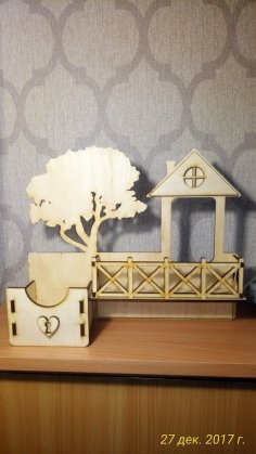 Laser Cut Wooden Wall Shelf Key Holder With Fence And Tree Free Vector